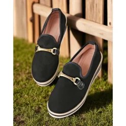 Women's Blue Platform Loafers with Metal Buckle – Stylish Slip-On Wedge Shoes for Casual Wear, Office and Travel