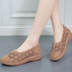 Women's Blue Slip-On Comfort Shoes with Hollow Floral Cutouts, Wide Fit Soft Sole Flats for Walking, Travel, and Casual Daily Wear