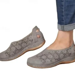 Women's Blue Slip-On Comfort Shoes with Hollow Floral Cutouts, Wide Fit Soft Sole Flats for Walking, Travel, and Casual Daily Wear