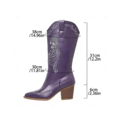 Women's Blue Western Cowboy Boots with Pink Skeleton Embroidery - Gothic Halloween Costume Mid-Calf Boots with Chunky Heel for Cosplay, Concerts, and Rock Festivals