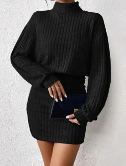 Women's Bodycon Midi Dress High Waist Elegant Casual Turtleneck Long Sleeve Black Gray Color