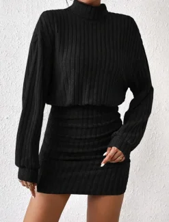 Women's Bodycon Midi Dress High Waist Elegant Casual Turtleneck Long Sleeve Black Gray Color