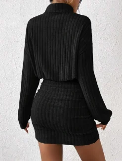 Women's Bodycon Midi Dress High Waist Elegant Casual Turtleneck Long Sleeve Black Gray Color
