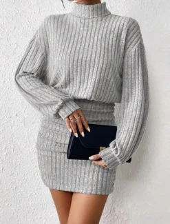Women's Bodycon Midi Dress High Waist Elegant Casual Turtleneck Long Sleeve Black Gray Color