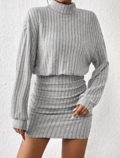 Women's Bodycon Midi Dress High Waist Elegant Casual Turtleneck Long Sleeve Black Gray Color