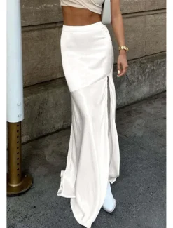 Women's Bodycon Trumpet / Mermaid Fashion Maxi High Waist Skirts Plain Split Ends Micro-elastic Party Birthday Party White Summer Polyester