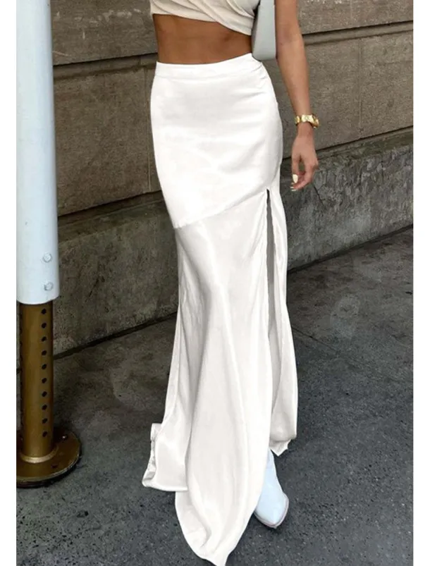 Women's Bodycon Trumpet / Mermaid Fashion Maxi High Waist Skirts Plain Split Ends Micro-elastic Party Birthday Party White Summer Polyester