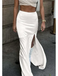 Women's Bodycon Trumpet / Mermaid Fashion Maxi High Waist Skirts Plain Split Ends Micro-elastic Party Birthday Party White Summer Polyester