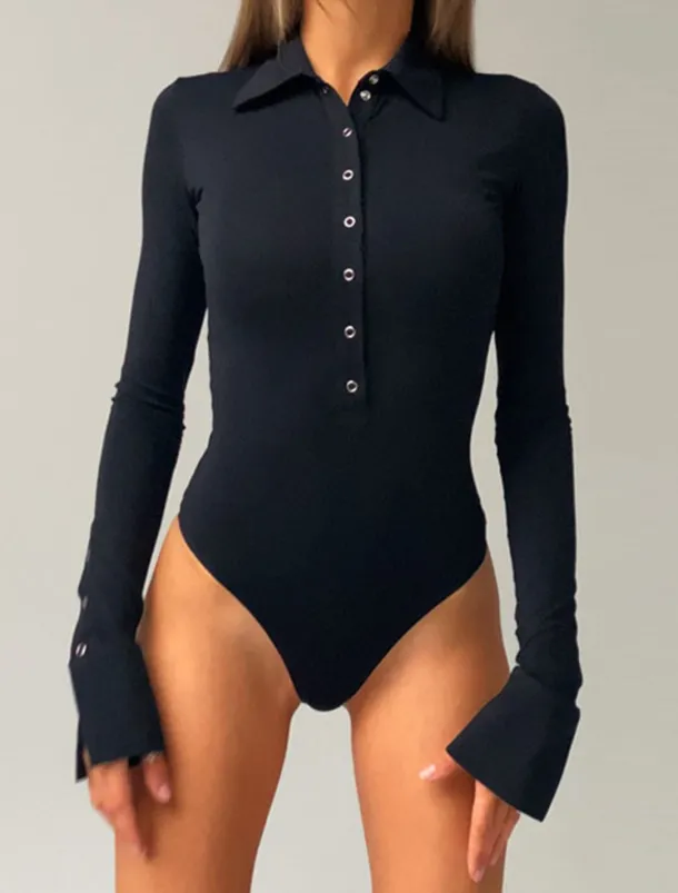 Women's Bodysuit Button Solid Color Shirt Collar Streetwear Home Street Regular Fit Long Sleeve Black Brown White S M L Spring Cold Weather