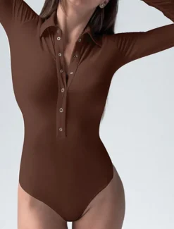 Women's Bodysuit Button Solid Color Shirt Collar Streetwear Home Street Regular Fit Long Sleeve Black Brown White S M L Spring Cold Weather