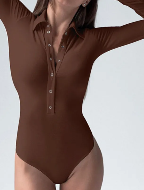 Women's Bodysuit Button Solid Color Shirt Collar Streetwear Home Street Regular Fit Long Sleeve Black Brown White S M L Spring Cold Weather