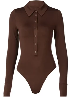 Women's Bodysuit Button Solid Color Shirt Collar Streetwear Home Street Regular Fit Long Sleeve Black Brown White S M L Spring Cold Weather