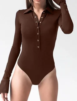 Women's Bodysuit Button Solid Color Shirt Collar Streetwear Home Street Regular Fit Long Sleeve Black Brown White S M L Spring Cold Weather