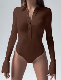 Women's Bodysuit Button Solid Color Shirt Collar Streetwear Home Street Regular Fit Long Sleeve Black Brown White S M L Spring Cold Weather