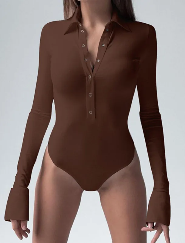 Women's Bodysuit Button Solid Color Shirt Collar Streetwear Home Street Regular Fit Long Sleeve Black Brown White S M L Spring Cold Weather