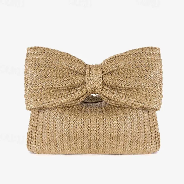 Women's Boho Chic Straw Clutch with Large Bow Detail - Perfect Summer Accessory
