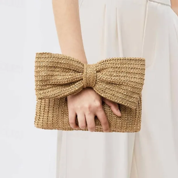 Women's Boho Chic Straw Clutch with Large Bow Detail - Perfect Summer Accessory