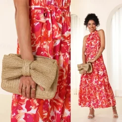 Women's Boho Chic Straw Clutch with Large Bow Detail - Perfect Summer Accessory