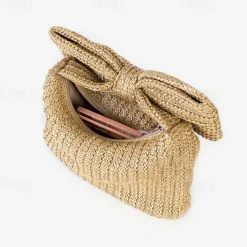 Women's Boho Chic Straw Clutch with Large Bow Detail - Perfect Summer Accessory