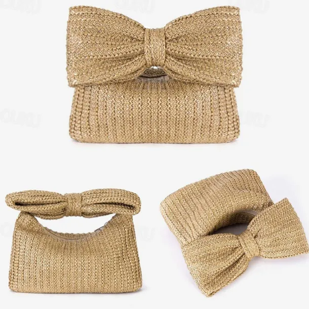 Women's Boho Chic Straw Clutch with Large Bow Detail - Perfect Summer Accessory