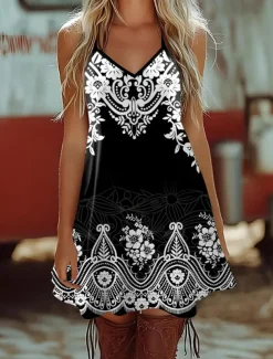Women's Boho Dress Western Dress Vintage Mini Dress Sundress A Line Dress Slip Dress Off The Shoulder Dress Vacation Casual Boho Going out Beach Regular Fit Floral Graphic Geometric Sleeveless V Neck