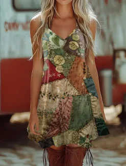 Women's Boho Dress Western Dress Vintage Mini Dress Sundress A Line Dress Slip Dress Off The Shoulder Dress Vacation Casual Going out Beach Regular Fit Graphic Geometric Paisley Sleeveless V Neck