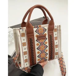 Women's Boho Ethnic Print Tote Bag – Vintage-Inspired Canvas Handbag with Leather Accents, Ideal for Casual Outings and Everyday Use