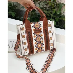 Women's Boho Ethnic Print Tote Bag – Vintage-Inspired Canvas Handbag with Leather Accents, Ideal for Casual Outings and Everyday Use