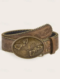 Women's Boho Floral Engraved Wide Leather Belt – Vintage Western Style with Antique Gold Flower Buckle, Adjustable Waistband for Dresses, Festivals and Daily Wear