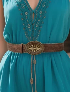 Women's Boho Floral Engraved Wide Leather Belt – Vintage Western Style with Antique Gold Flower Buckle, Adjustable Waistband for Dresses, Festivals and Daily Wear
