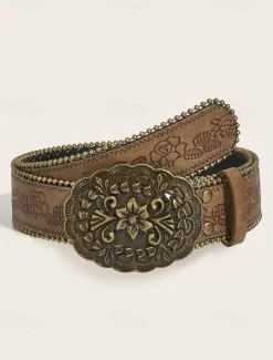Women's Boho Floral Engraved Wide Leather Belt – Vintage Western Style with Antique Gold Flower Buckle, Adjustable Waistband for Dresses, Festivals and Daily Wear
