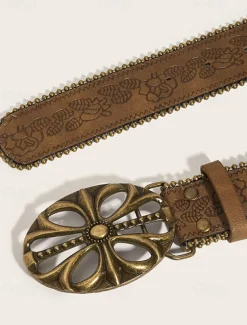 Women's Boho Floral Engraved Wide Leather Belt – Vintage Western Style with Antique Gold Flower Buckle, Adjustable Waistband for Dresses, Festivals and Daily Wear