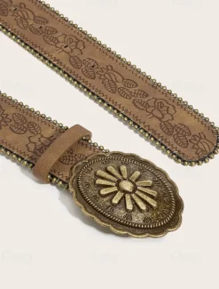Women's Boho Floral Engraved Wide Leather Belt – Vintage Western Style with Antique Gold Flower Buckle, Adjustable Waistband for Dresses, Festivals and Daily Wear