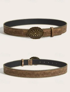 Women's Boho Floral Engraved Wide Leather Belt – Vintage Western Style with Antique Gold Flower Buckle, Adjustable Waistband for Dresses, Festivals and Daily Wear