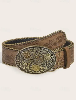 Women's Boho Floral Engraved Wide Leather Belt – Vintage Western Style with Antique Gold Flower Buckle, Adjustable Waistband for Dresses, Festivals and Daily Wear