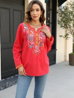 Women's Boho Shirt Floral Casual Long Sleeve Bishop Sleeve V Neck Regular Tops Vacation Work Daily Embroidered Red Autumn / Fall Spring & Summer