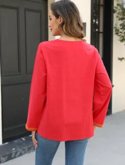 Women's Boho Shirt Floral Casual Long Sleeve Bishop Sleeve V Neck Regular Tops Vacation Work Daily Embroidered Red Autumn / Fall Spring & Summer