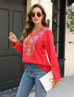 Women's Boho Shirt Floral Casual Long Sleeve Bishop Sleeve V Neck Regular Tops Vacation Work Daily Embroidered Red Autumn / Fall Spring & Summer