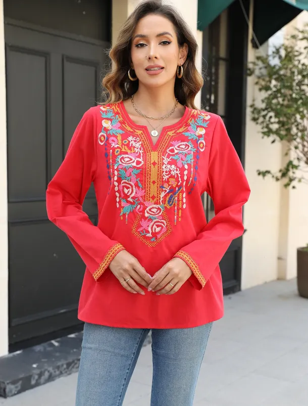 Women's Boho Shirt Floral Casual Long Sleeve Bishop Sleeve V Neck Regular Tops Vacation Work Daily Embroidered Red Autumn / Fall Spring & Summer