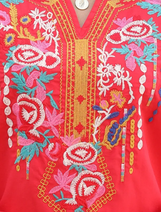 Women's Boho Shirt Floral Casual Long Sleeve Bishop Sleeve V Neck Regular Tops Vacation Work Daily Embroidered Red Autumn / Fall Spring & Summer