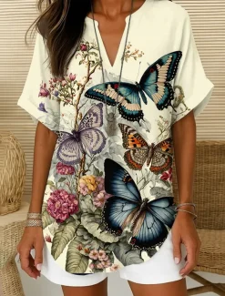 Women's Boho Shirt Graphic Bohemia Vintage Daily Sleeveless Short Sleeve V Neck Regular Tops Daily Holiday Semi Formal White Red Blue Green Beige Summer Spring