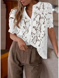 Women's Boho Shirt Lace Shirt Dressy Tops Lace Tops Solid Color Elegant Cute Hawaiian Short Sleeve Lantern Sleeve Crew Neck Regular Tops Daily Holiday Going out Lace Buttons Black White Light Green