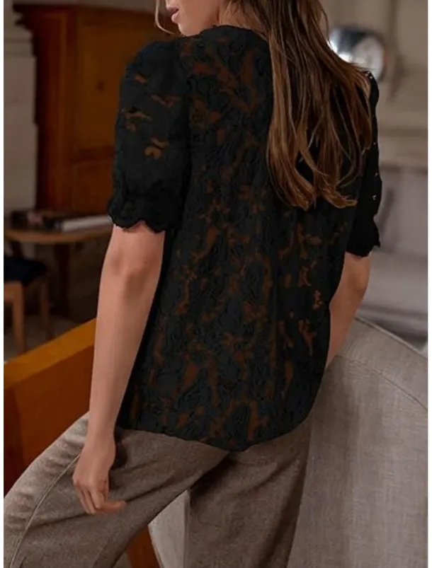 Women's Boho Shirt Lace Shirt Dressy Tops Lace Tops Solid Color Elegant Cute Hawaiian Short Sleeve Lantern Sleeve Crew Neck Regular Tops Daily Holiday Going out Lace Buttons Black White Light Green