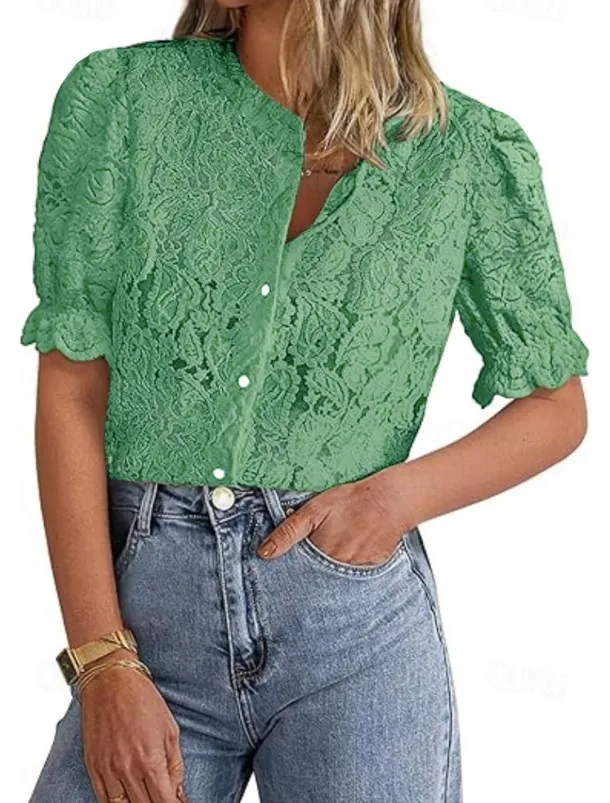 Women's Boho Shirt Lace Shirt Dressy Tops Lace Tops Solid Color Elegant Cute Hawaiian Short Sleeve Lantern Sleeve Crew Neck Regular Tops Daily Holiday Going out Lace Buttons Black White Light Green