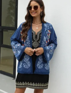Women's Boho Shirt Shrugs Floral Flower Casual Boho Long Sleeve Bell Sleeve Asymmetrical Regular Tops Valentine's Day Work Daily Embroidered Blue All Seasons