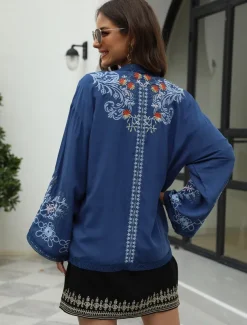 Women's Boho Shirt Shrugs Floral Flower Casual Boho Long Sleeve Bell Sleeve Asymmetrical Regular Tops Valentine's Day Work Daily Embroidered Blue All Seasons
