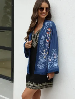 Women's Boho Shirt Shrugs Floral Flower Casual Boho Long Sleeve Bell Sleeve Asymmetrical Regular Tops Valentine's Day Work Daily Embroidered Blue All Seasons