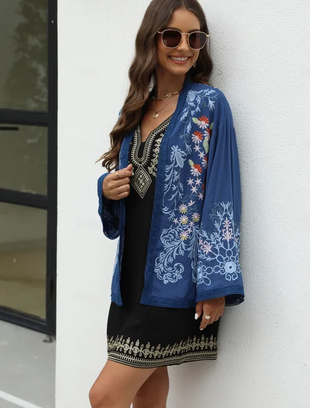 Women's Boho Shirt Shrugs Floral Flower Casual Boho Long Sleeve Bell Sleeve Asymmetrical Regular Tops Valentine's Day Work Daily Embroidered Blue All Seasons
