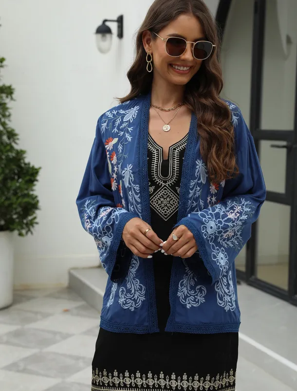 Women's Boho Shirt Shrugs Floral Flower Casual Boho Long Sleeve Bell Sleeve Asymmetrical Regular Tops Valentine's Day Work Daily Embroidered Blue All Seasons
