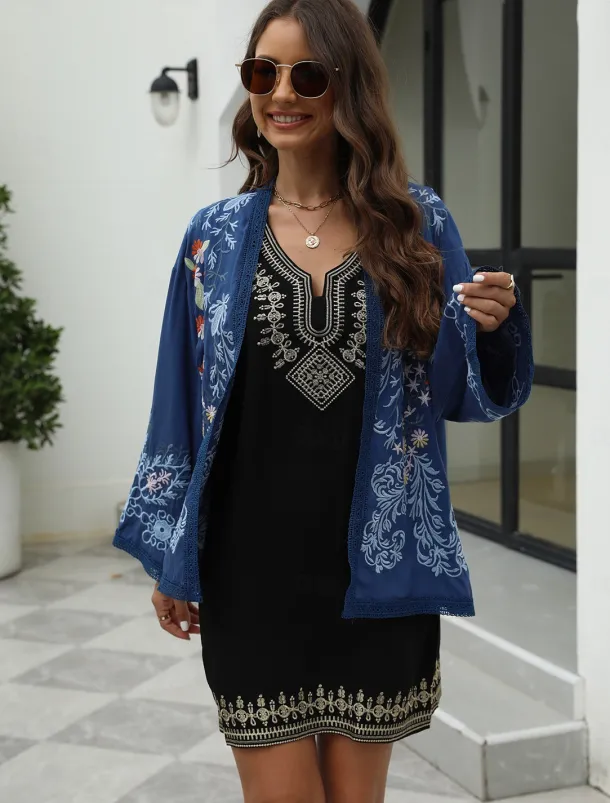Women's Boho Shirt Shrugs Floral Flower Casual Boho Long Sleeve Bell Sleeve Asymmetrical Regular Tops Valentine's Day Work Daily Embroidered Blue All Seasons